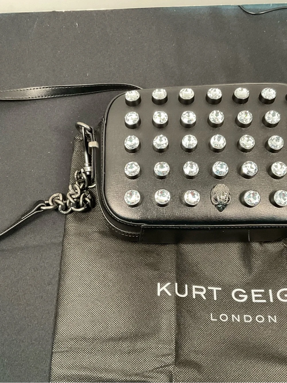 Kurt Geiger Black Leather Crystal-Stud Messenger Bag